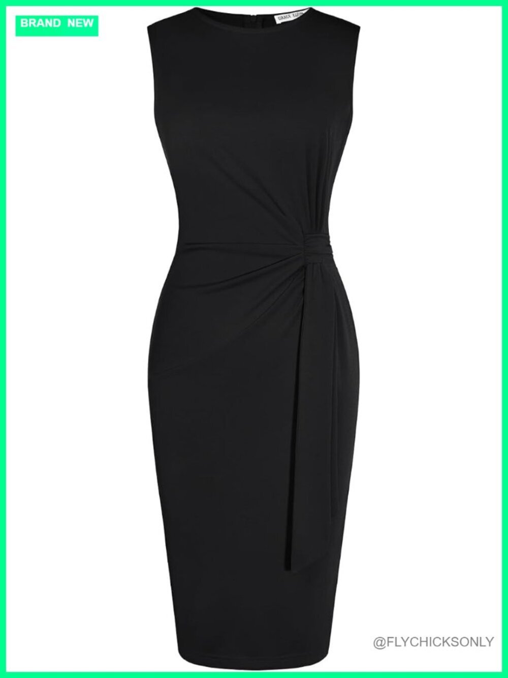 Sleeveless Bodycon Pencil Dress with Waist Pleats, Zip Back, Knee Length